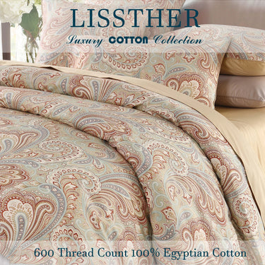 LISSTHER 3pcs 600 TC 100% Egyptian Cotton Duvet Cover Set (Without Core), Luxury Vintage Classic Boho Paisley Bedding Set