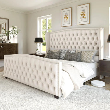 Platform Bed Frame, Velvet Upholstered Bed with Deep Button Tufted & Nailhead Trim Wingback Headboard