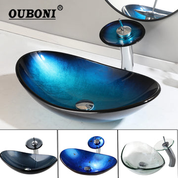 Hand-Painted Oval Bathroom Sink Faucet Set - Tempered Glass Countertop Basin Kit | Bentalia Home