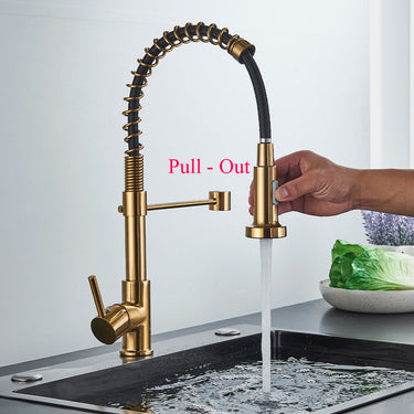 Brushed Gold Kitchen Sink Faucet - Spring Pull-down Hot/Cold Mixer Faucet - Deck Installation