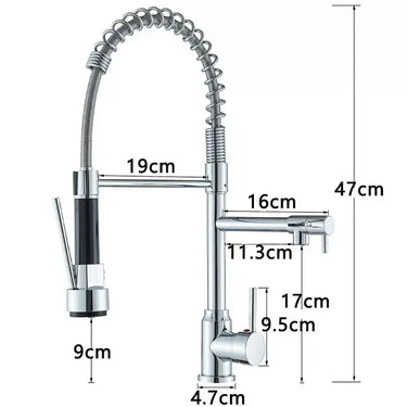 Chrome Brass Kitchen Sink Faucet - Pull Down Hot/Cold Water Mixer2 Mode with Dual Spout / 360 Rotation Flexible -Deck Mounted