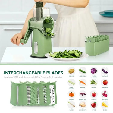 SUSTEAS Rotary Cheese Grater with Handle,Round Mandoline Slicer, Food Shredder with 5 Well-designed Blades & Strong Suction Base