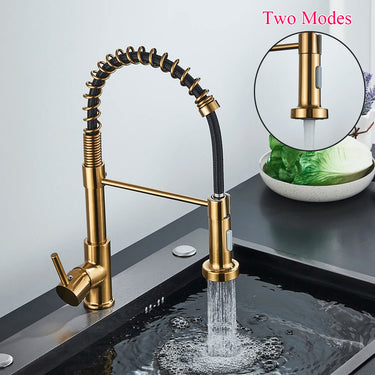 Brushed Gold Kitchen Sink Faucet - Spring Pull-down Hot/Cold Mixer Faucet - Deck Installation