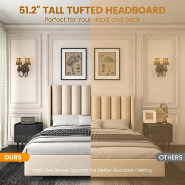 Bed Frame with 51.2" Tall Headboard, Velvet Wingback Tufted Design, Wood Slats Support, No Box Spring Required, Noise-Free
