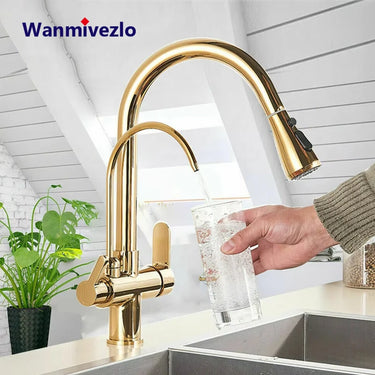Wanmivezlo Brass Pull-Down Kitchen Faucet – Dual Handle, Hot &amp; Cold, Brushed Chrome, Deck Mounted