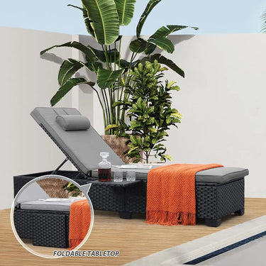 Set of 2 Outdoor Chaise Lounge/ Outside Patio Furniture /Black Rattan / Reclining Chair / Grey Cushion