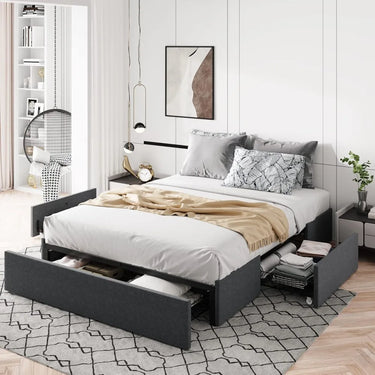 Platform Bed Frame with 3 Storage Drawers, Fabric Upholstered, Wooden Slats Support