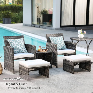 6 Piece Patio Furniture Conversation Set with Ottoman, Outdoor Grey Wicker Chair and Table Set, alcony Furniture for Apartments