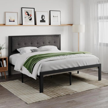 Bed Frame with Upholstered Headboard, Platform Bed Frame with Metal Slats, Button Tufted Square Stitched Headboard, Noise Free