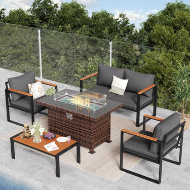 Patio Furniture Set with Glass Top Fire Pit, Outdoor Conversation Furniture Set, Plastic-Wood Coffee Table and Thickened