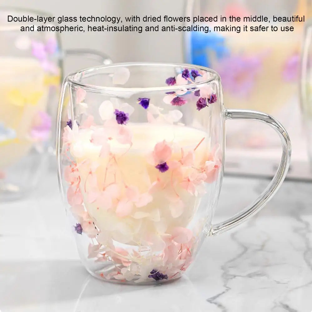 Double-Walled Glass Coffee Mug – 350ml Heat-Resistant Aesthetic Flower Cup | Bentalia Home