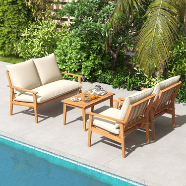4 PCS Acacia Wood Patio Furniture Set with Soft Cushions and Coffee Table