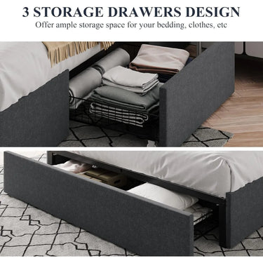 Platform Bed Frame with 3 Storage Drawers, Fabric Upholstered, Wooden Slats Support