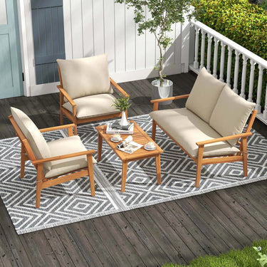 4 PCS Acacia Wood Patio Furniture Set with Soft Cushions and Coffee Table