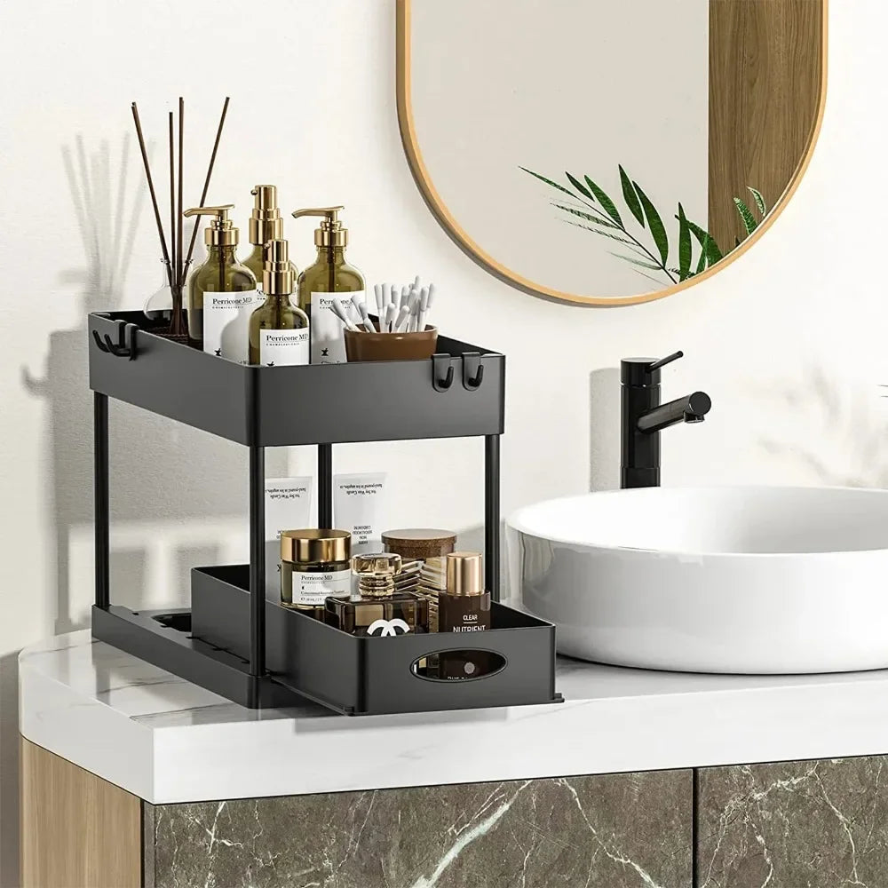 2-Tier Under Sink Organizer with Sliding Baskets & Hooks, Bathroom & Kitchen Storage Rack | Bentalia Home