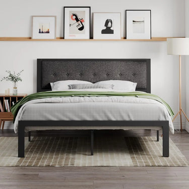 Bed Frame with Upholstered Headboard, Platform Bed Frame with Metal Slats, Button Tufted Square Stitched Headboard, Noise Free