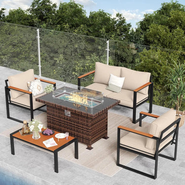 Patio Furniture Set with Glass Top Fire Pit, Outdoor Conversation Furniture Set, Plastic-Wood Coffee Table and Thickened