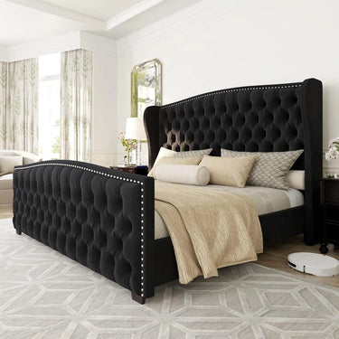 Platform Bed Frame, Velvet Upholstered Bed with Deep Button Tufted & Nailhead Trim Wingback Headboard