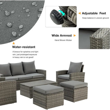 6 Piece Patio Furniture Set,Outdoor Sectional Conversation Rattan Sofa Set with Ottoman and Outdoor Storage Table,Mueble Jardin