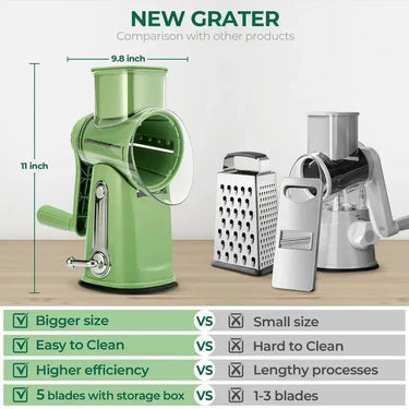 SUSTEAS Rotary Cheese Grater with Handle,Round Mandoline Slicer, Food Shredder with 5 Well-designed Blades & Strong Suction Base