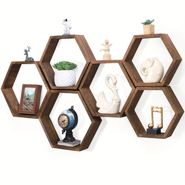 Set of 6 Hexagonal Floating Wall Shelves – Light Brown