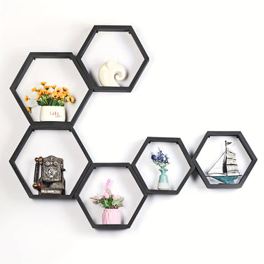 Set of 6 Hexagonal Floating Wall Shelves – Light Brown