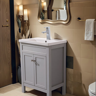 24-Inch Gray Bathroom Vanity with Ceramic Sink – Soft-Close Double Doors & Modern Countertop Design