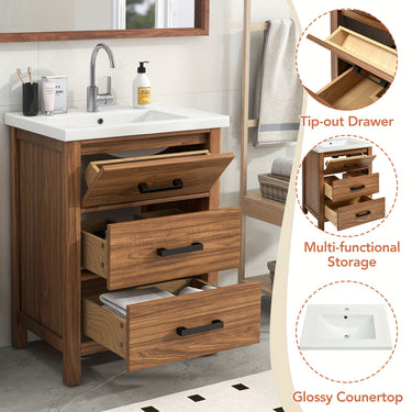 24'' Freestanding Bathroom Vanity with Ceramic Sink – 3-Drawer Modern Storage Cabinet (Wood Color)
