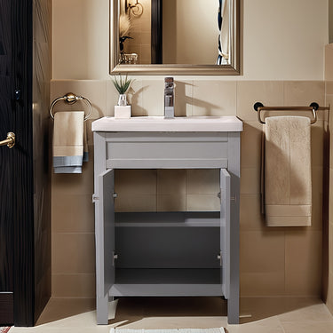 24-Inch Gray Bathroom Vanity with Ceramic Sink – Soft-Close Double Doors & Modern Countertop Design