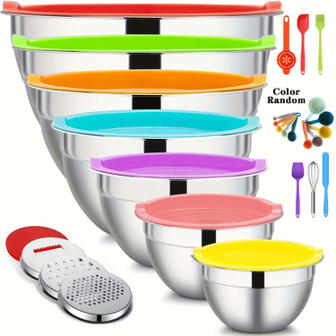 26-Piece Stainless Steel Nesting Bowls Set - Airtight Lids, Non-Slip Silicone Bottom, Easy To Clean, Space-Saving, Perfect For Mixing, Baking, Serving, Storing, And Organizing For Vario