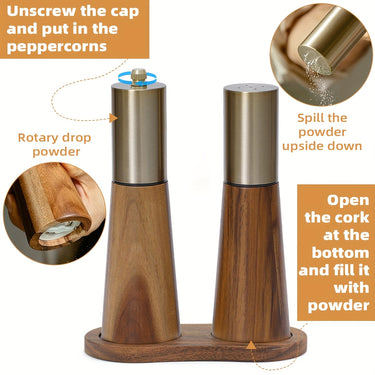 Wooden Salt & Pepper Mill Set – Adjustable Grind, Gold Accent, Refillable Design