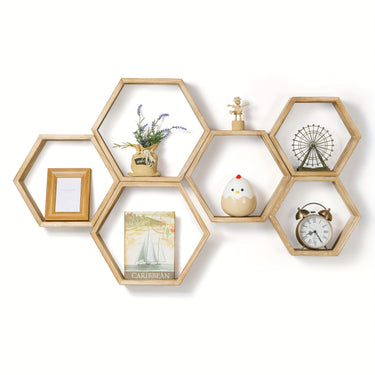 Set of 6 Hexagonal Floating Wall Shelves – Light Brown