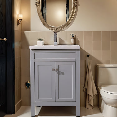 24-Inch Gray Bathroom Vanity with Ceramic Sink – Soft-Close Double Doors & Modern Countertop Design