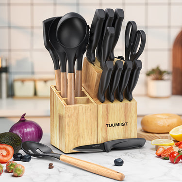 18pcs TUOMEIST Stainless Steel Knife Set with Wooden Handles Lamp; Removable Utensil Holderr