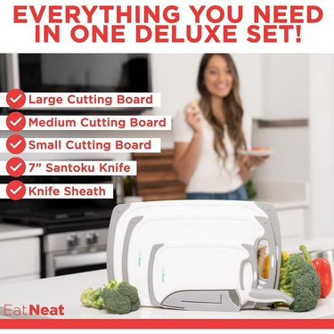 Eat Neat 5-Piece Set: Non-Slip Cutting Boards & Stainless Steel Santoku Knife with Sheath | Bentalia Homes