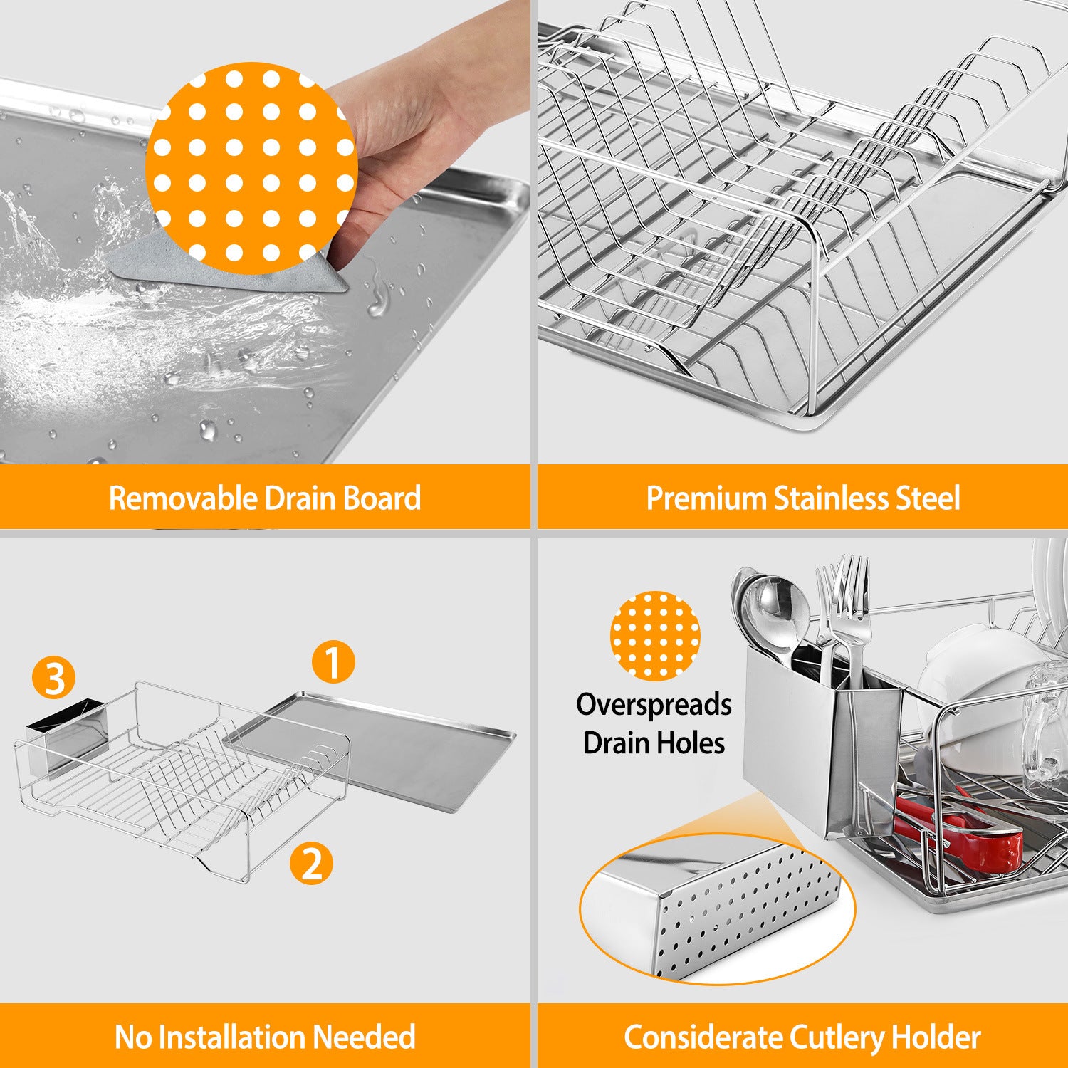 Stainless Steel Dish Drying Rack with Drainboard, Cutlery Holder & Space-Saving Organizer | Bentalia Homes