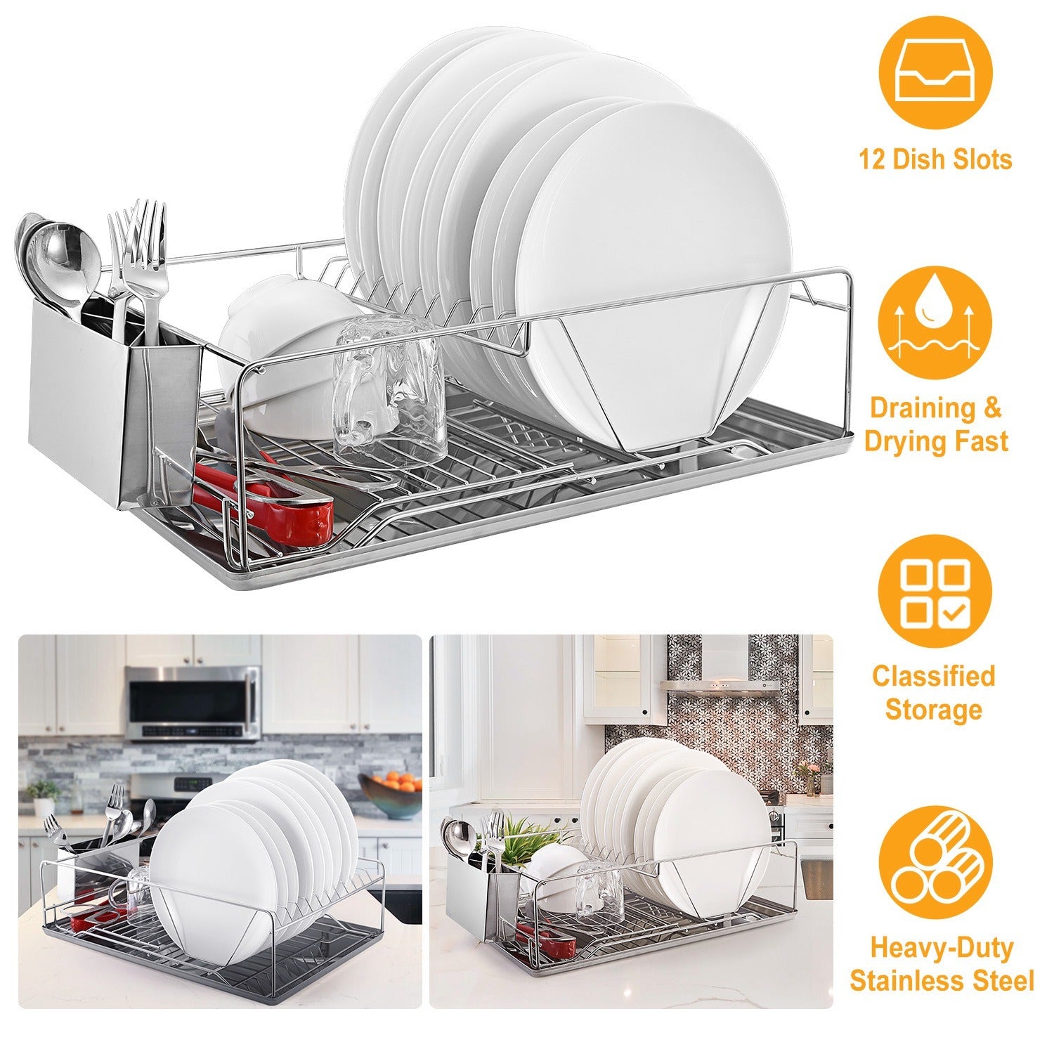 Stainless Steel Dish Drying Rack with Drainboard, Cutlery Holder & Space-Saving Organizer | Bentalia Homes