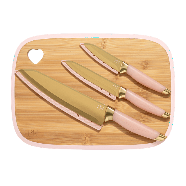 7-Piece Reversible Bamboo Heart Cutting Board & Stainless Steel Cutlery Set - Pink | Bentalia Homes