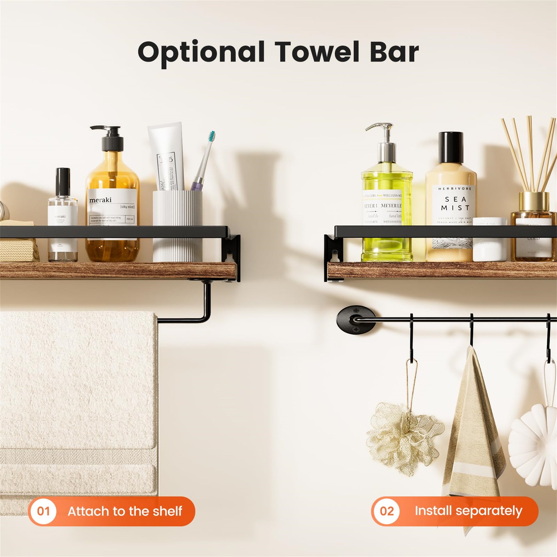 Rustic Bathroom Shelf with Towel Bar – Set of 2 | Bentalia Homes