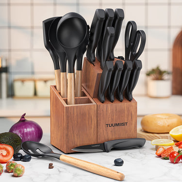 18pcs TUOMEIST Stainless Steel Knife Set with Wooden Handles Lamp; Removable Utensil Holderr
