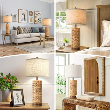 Set of 2 Rattan Table Lamps – Coastal Farmhouse Bedside & Living Room Lamps with USB Ports