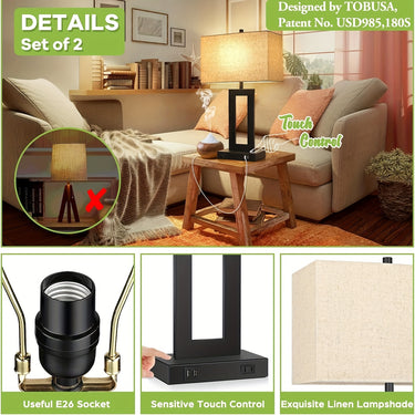 [Set of 2] Touch Control Table Lamps with USB Ports – Modern 3-Way Dimmable Nightstand Lamps with Cream Fabric Shade & Included Bulbs