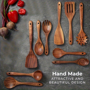 Non-Stick Cookware &amp; Wooden Utensil Set – 10 or 12-Piece, Heat Resistant, Teak Tools