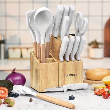 18pcs TUOMEIST Stainless Steel Knife Set with Wooden Handles Lamp; Removable Utensil Holderr